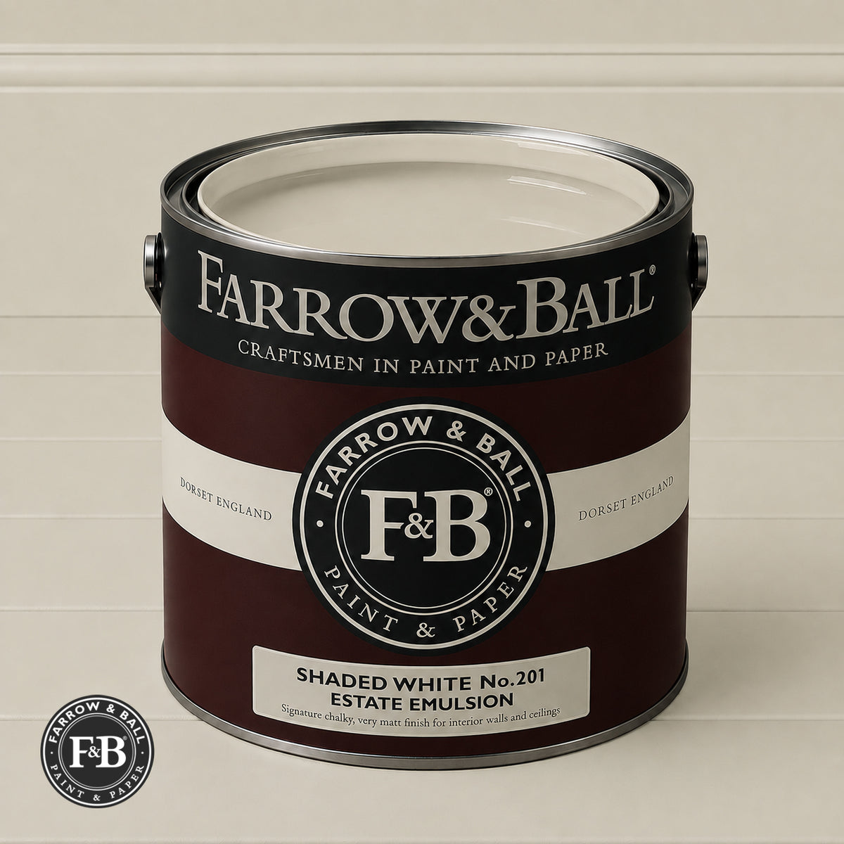 Farrow & Ball Shaded White No.201 paint colour in open paint tin