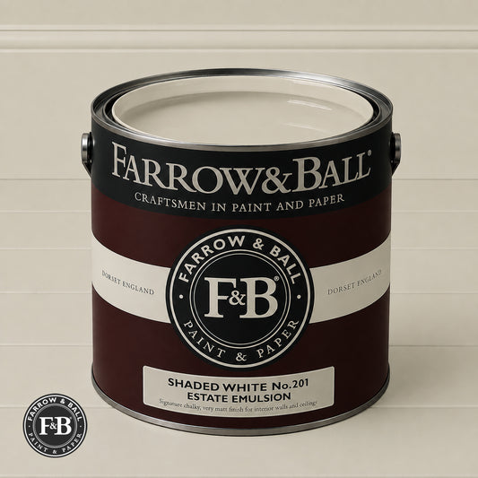 Farrow & Ball Shaded White No.201 paint colour in open paint tin