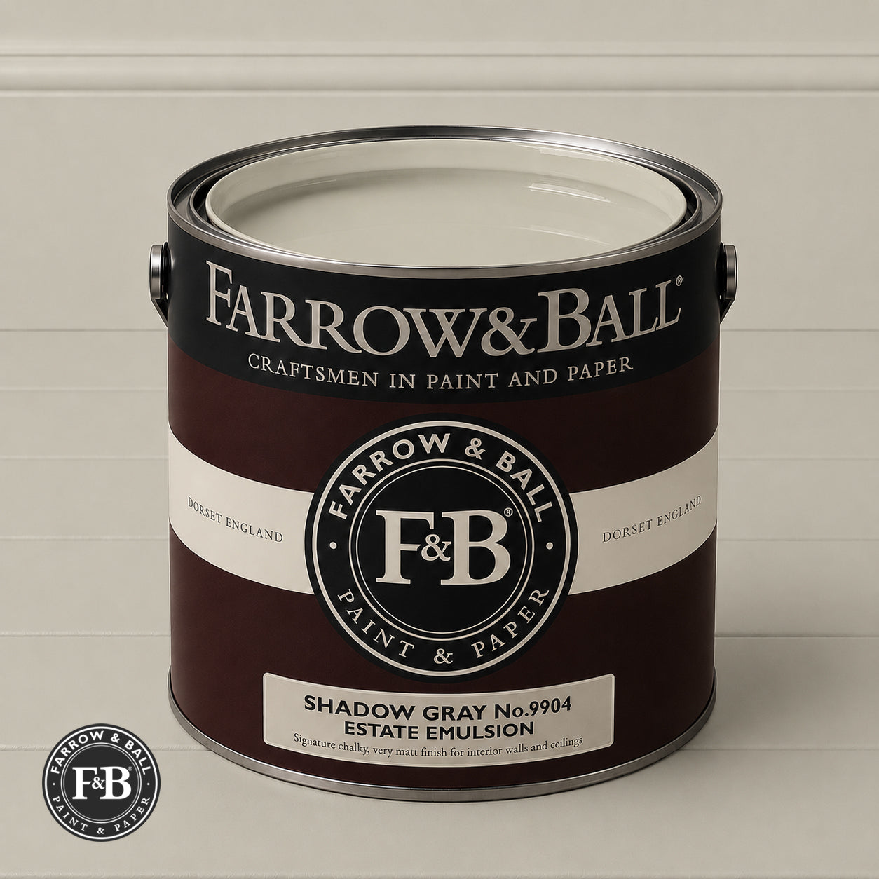 Farrow & Ball Shadow Gray No.9904 Estate Emulsion paint colour sample and paint tin
