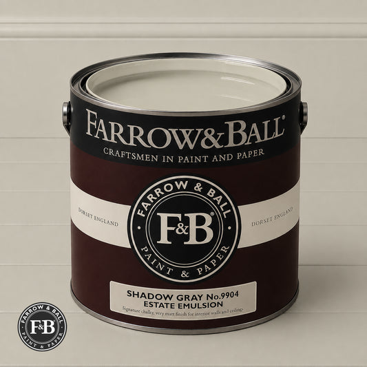 Farrow & Ball Shadow Gray No.9904 Estate Emulsion paint colour sample and paint tin
