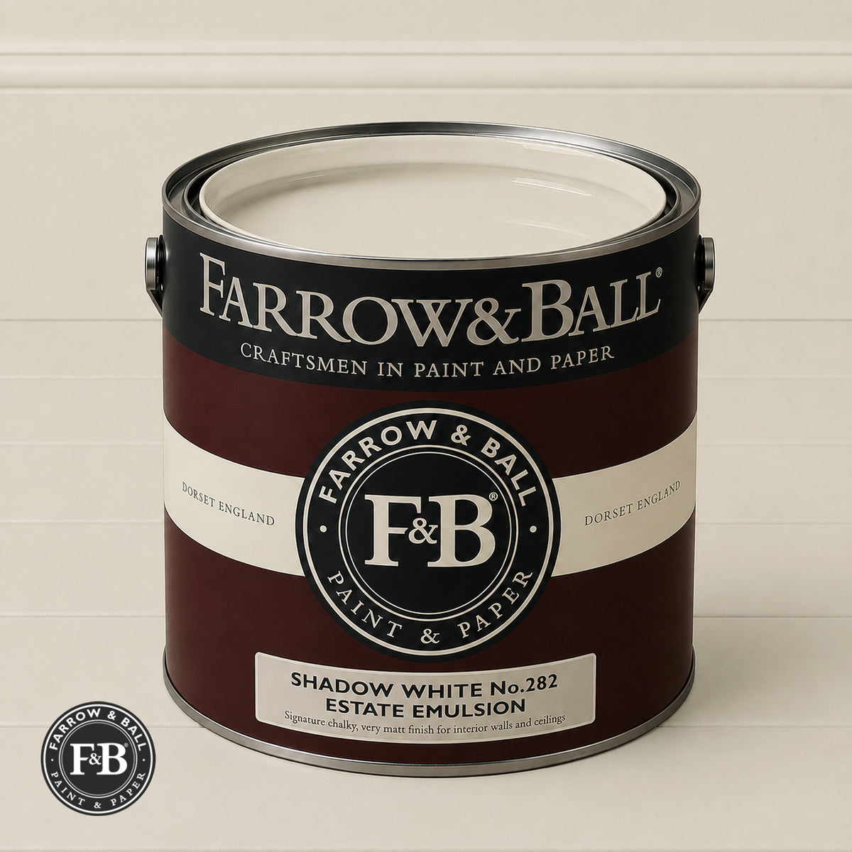 Farrow & Ball Shadow White No.282 paint colour in open paint tin