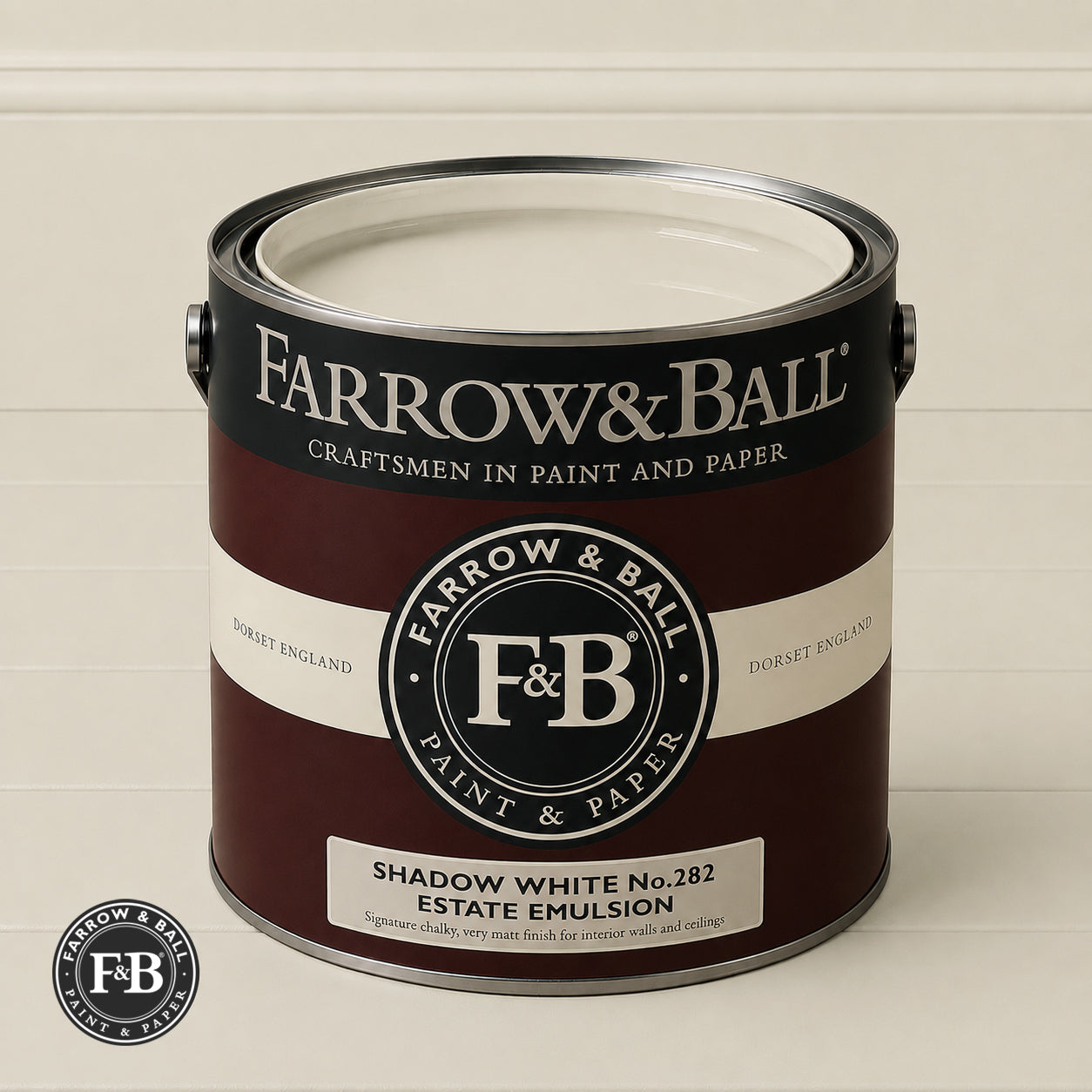 Farrow & Ball Shadow White No.282 paint colour in open paint tin