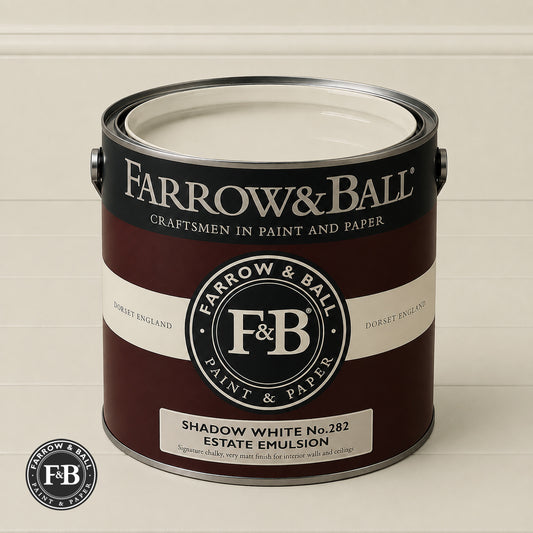Farrow & Ball Shadow White No.282 paint colour in open paint tin