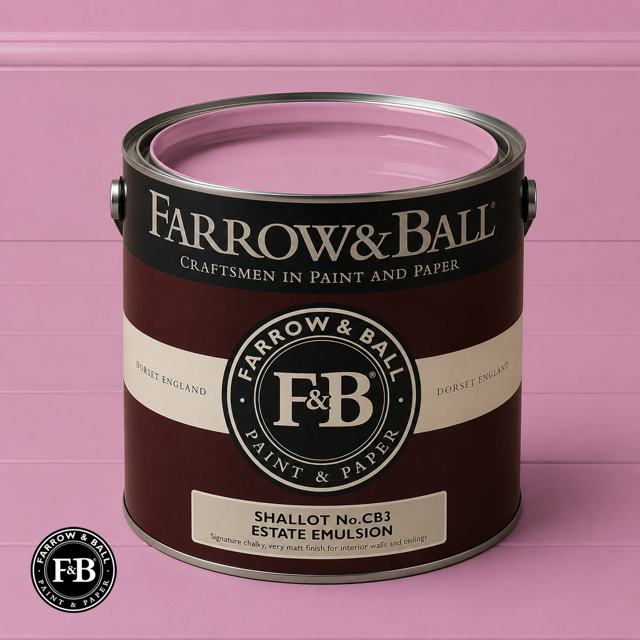 Farrow & Ball Shallot No.CB3 Estate Emulsion paint colour sample and paint tin
