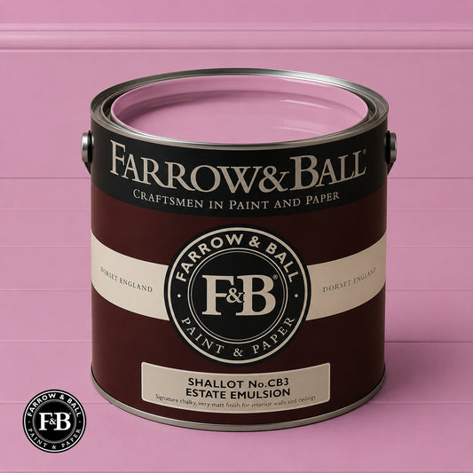 Farrow & Ball Shallot No.CB3 Estate Emulsion paint colour sample and paint tin
