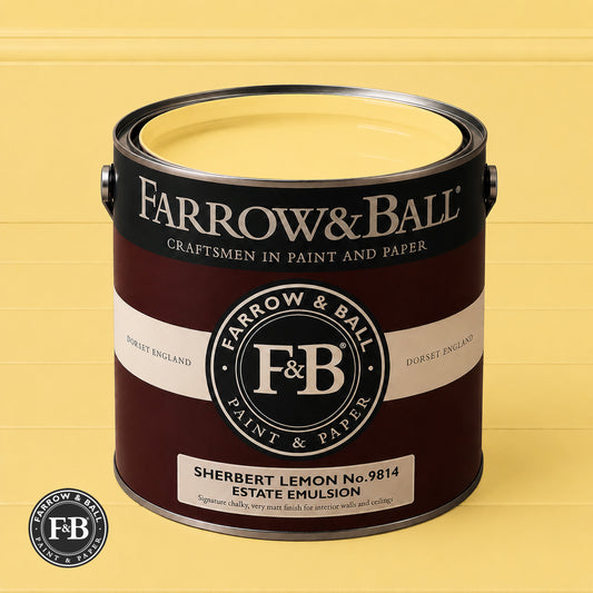 Farrow & Ball Sherbert Lemon No.9814 Estate Emulsion paint colour sample and paint tin
