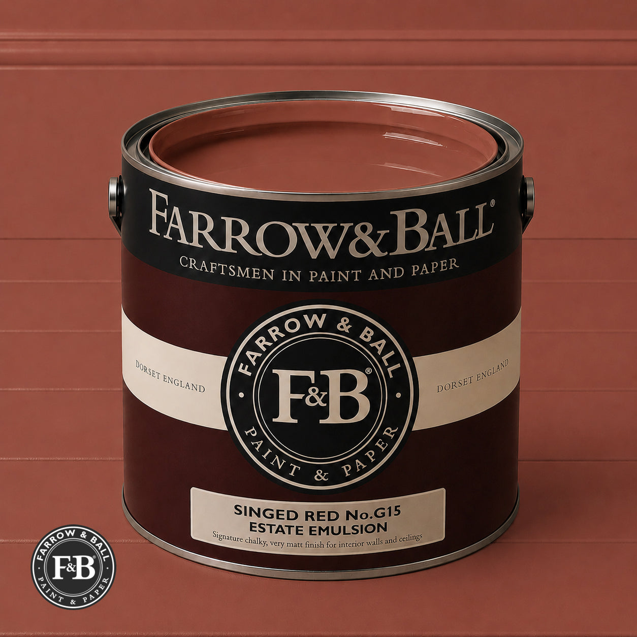 Farrow & Ball Singed Red No.G15 Estate Emulsion paint colour sample and paint tin

