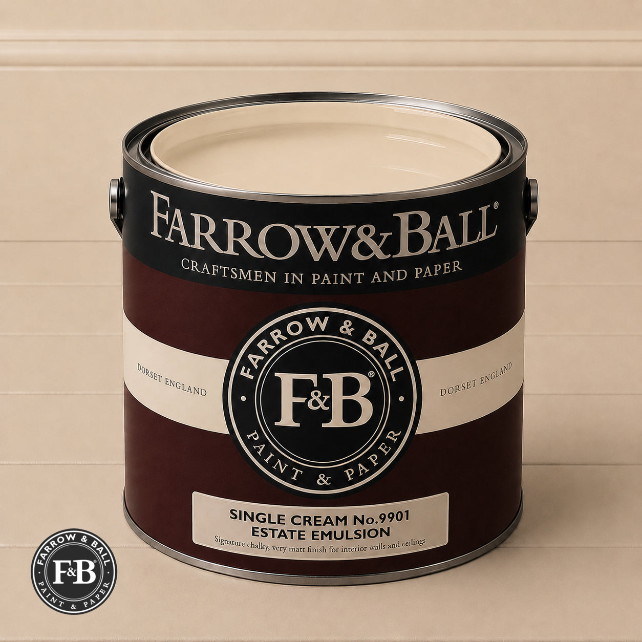 Farrow & Ball Single Cream No.9901 Estate Emulsion paint colour sample and paint tin
