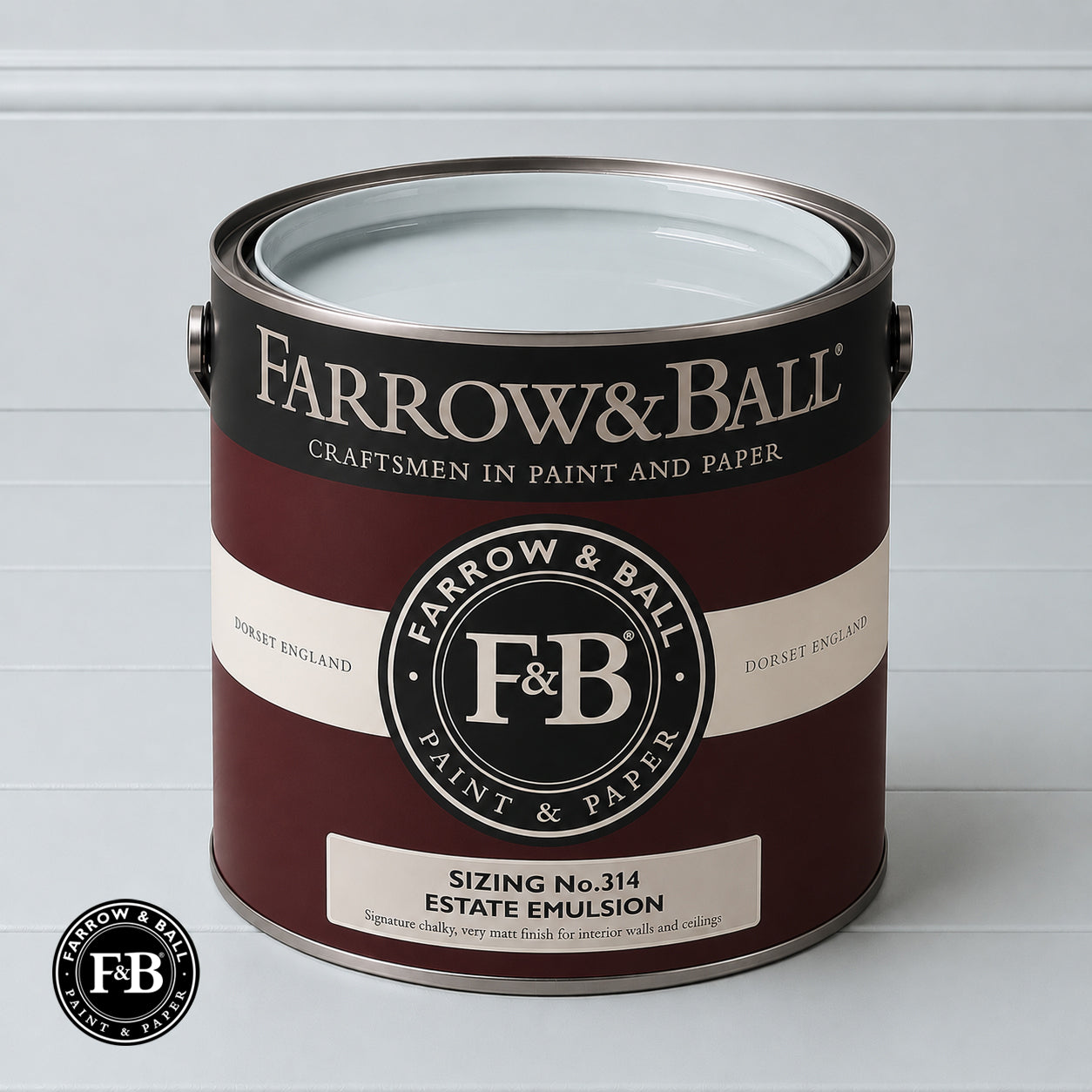 Farrow & Ball Sizing No.314 Estate Emulsion paint colour sample and paint tin
