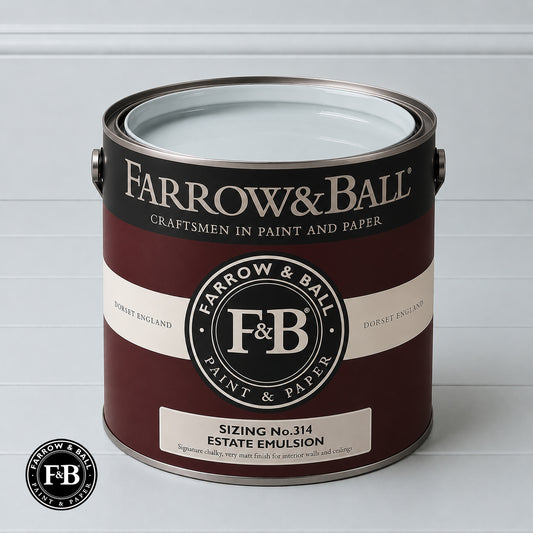 Farrow & Ball Sizing No.314 Estate Emulsion paint colour sample and paint tin
