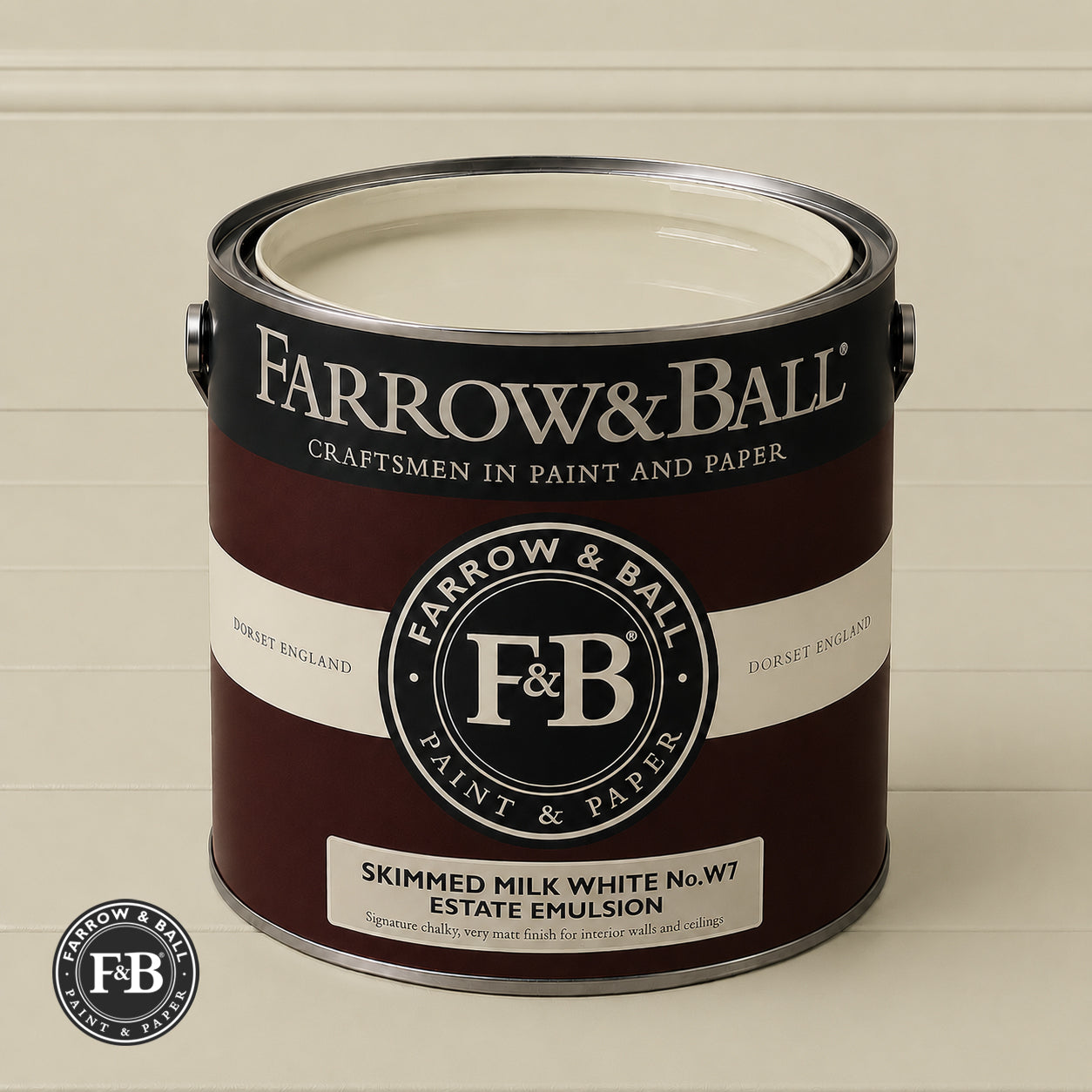 Farrow & Ball Skimmed Milk White No.W7 Estate Emulsion paint colour sample and paint tin