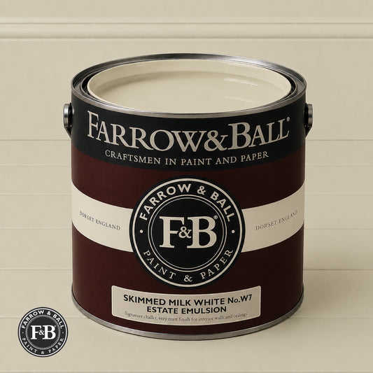 Farrow & Ball Skimmed Milk White No.W7 Estate Emulsion paint colour sample and paint tin
