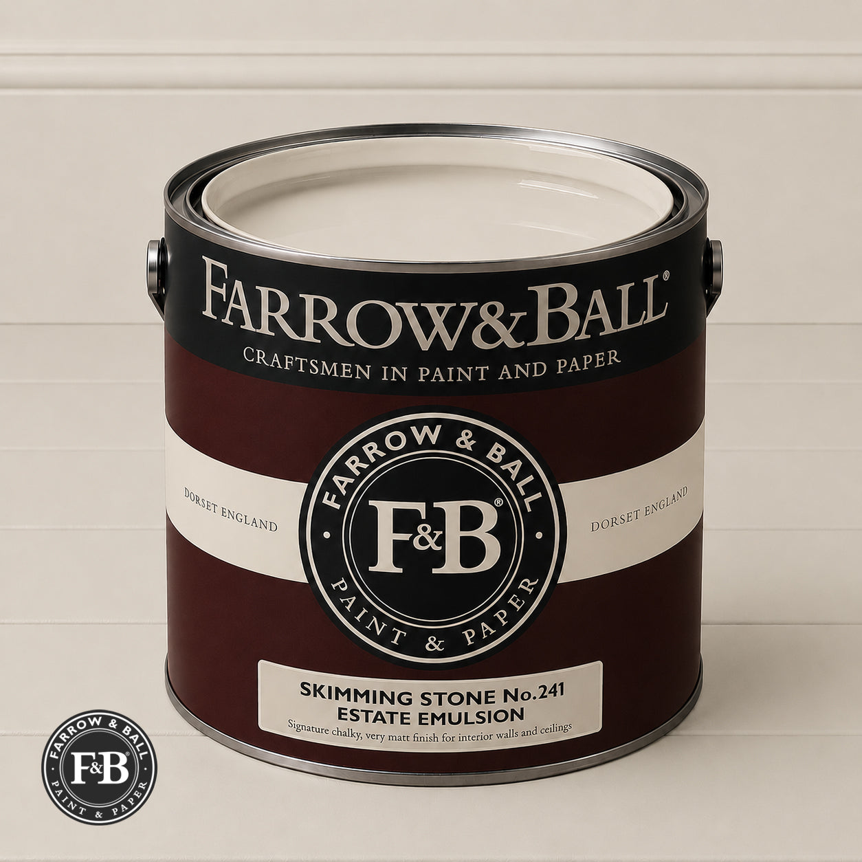 Farrow & Ball Skimming Stone No.241 paint colour in open paint tin