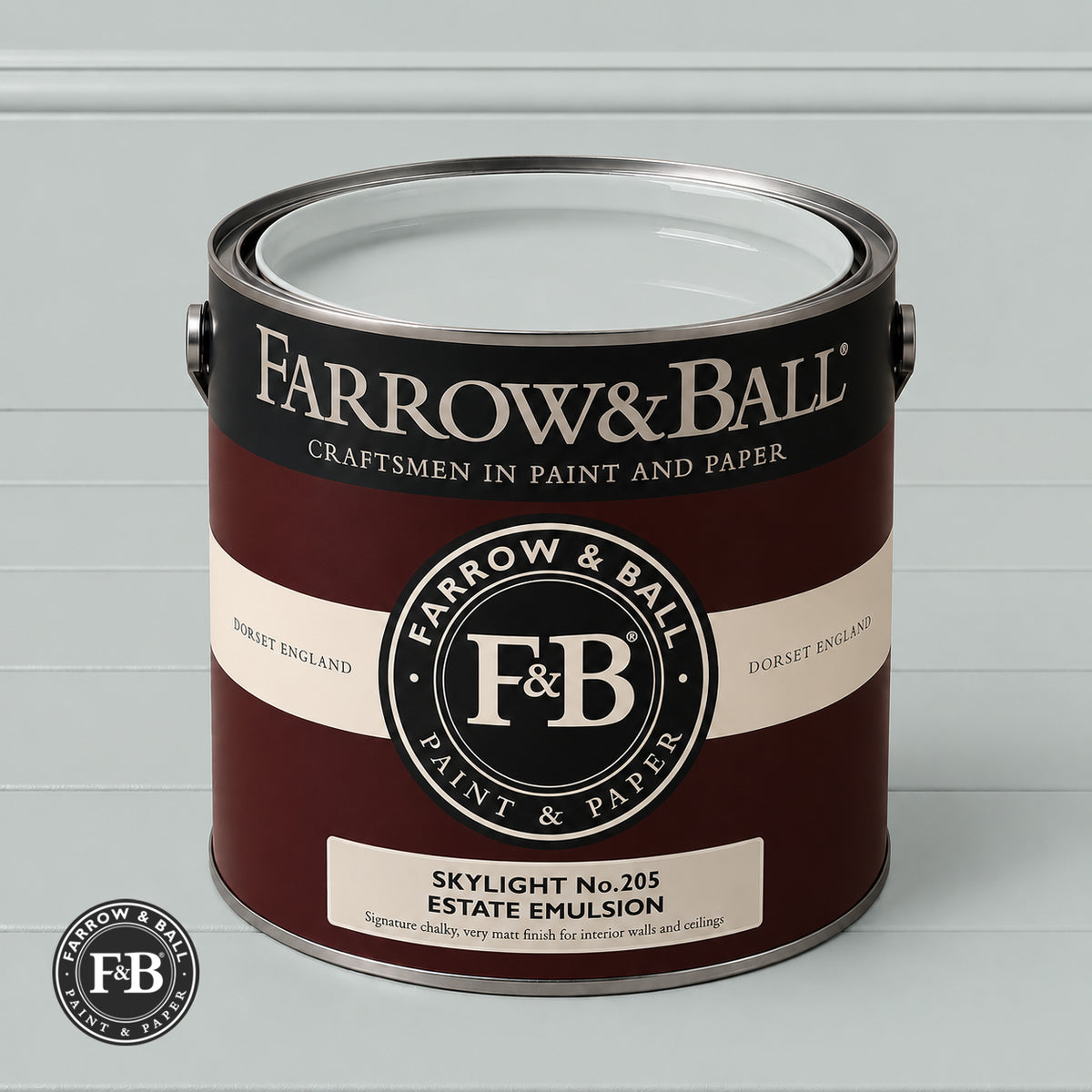 Farrow & Ball Skylight No.205 paint colour in open paint tin