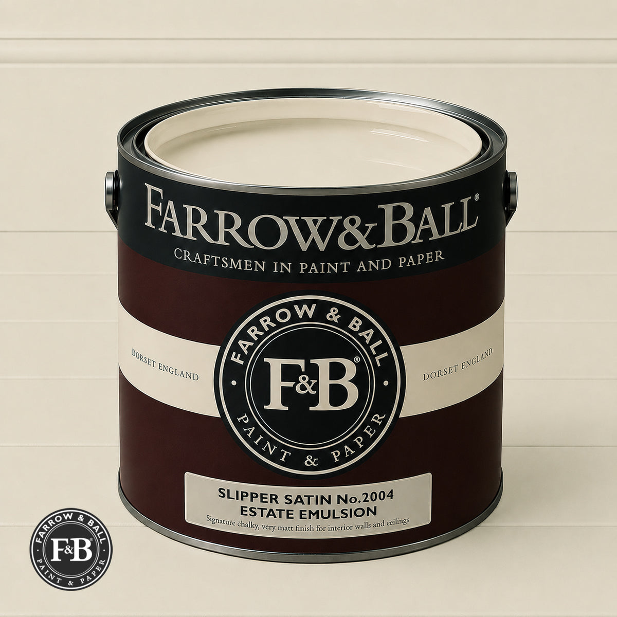 Farrow & Ball Slipper Satin No.2004 paint colour in open paint tin