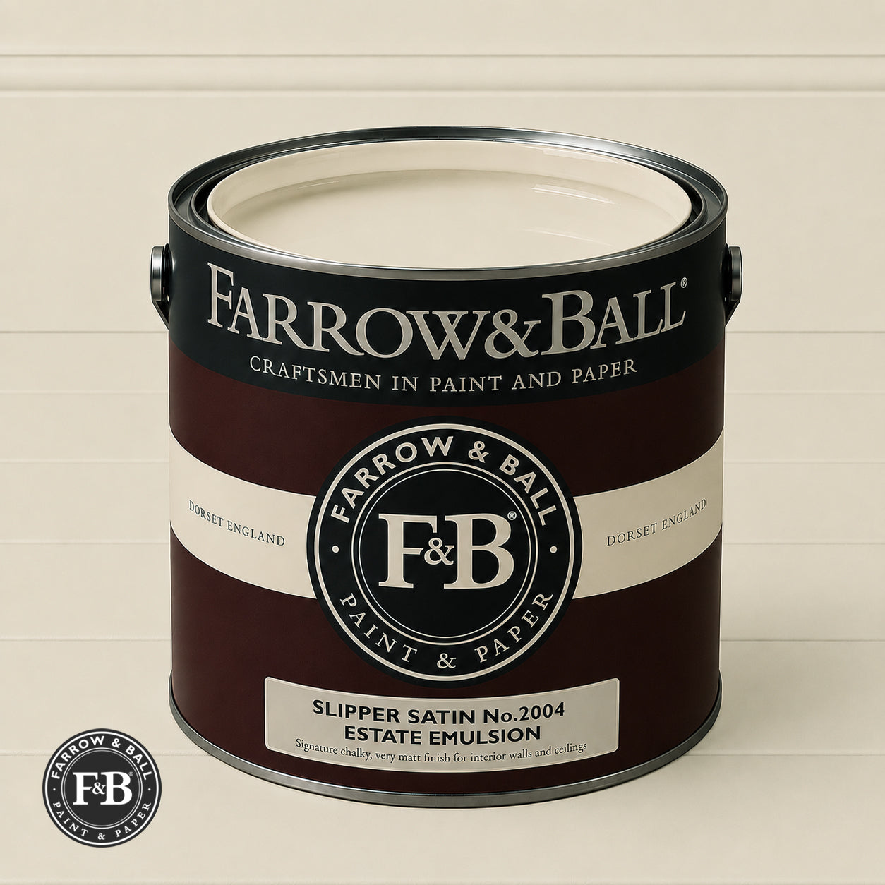 Farrow & Ball Slipper Satin No.2004 paint colour in open paint tin