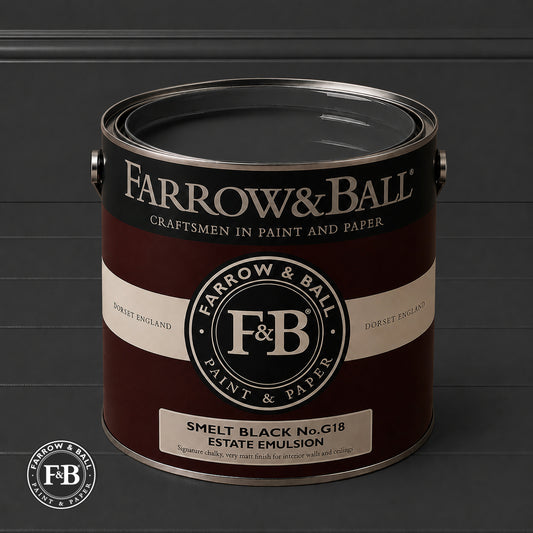 Farrow & Ball Smelt Black No.G18 Estate Emulsion paint colour sample and paint tin