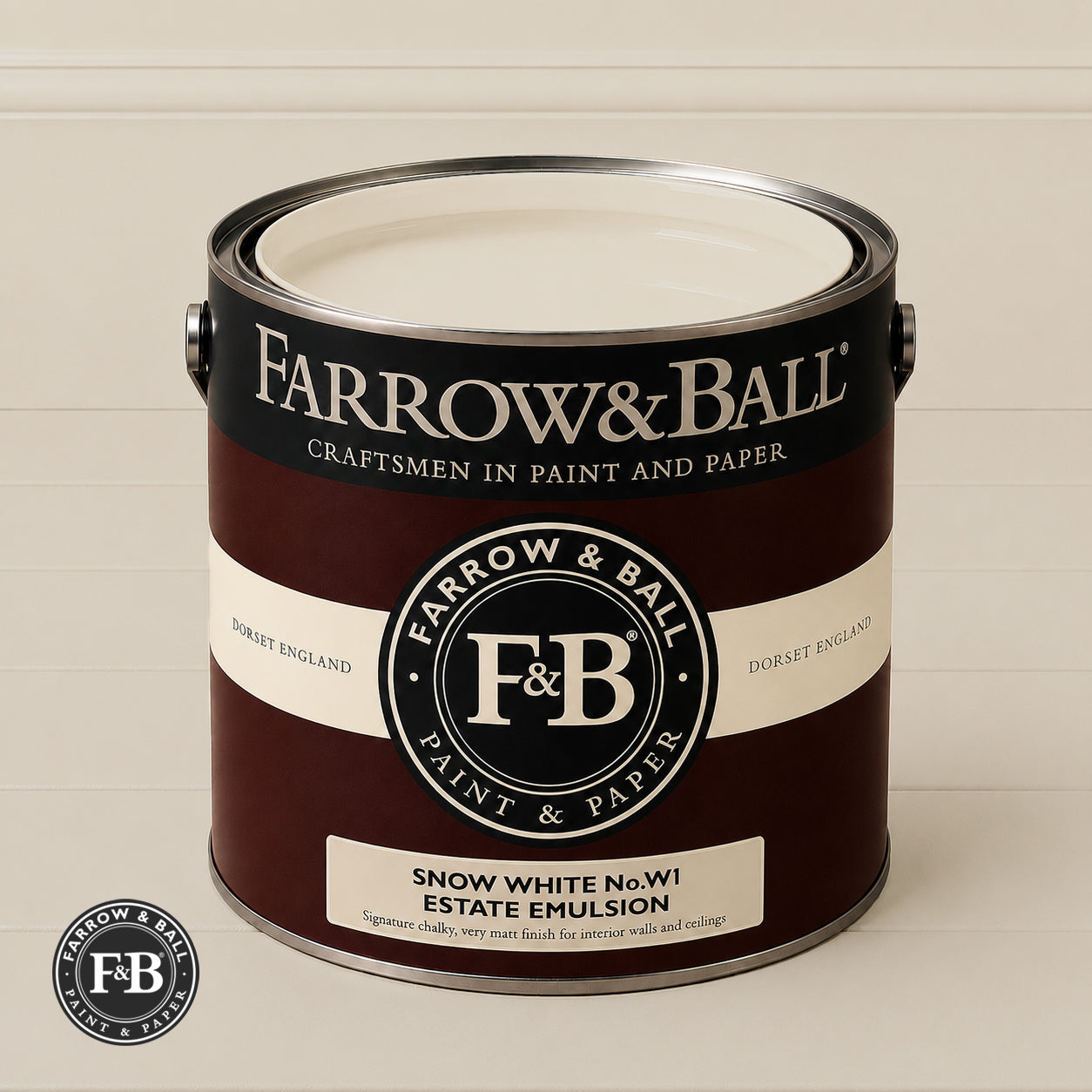Farrow & Ball Light Snow White No.W1 Estate Emulsion paint colour sample and paint tin
