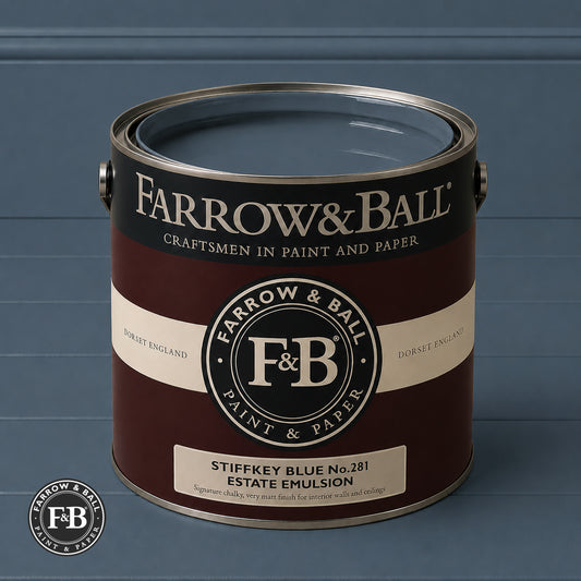 Farrow & Ball Stiffkey Blue No.281 paint colour in open paint tin