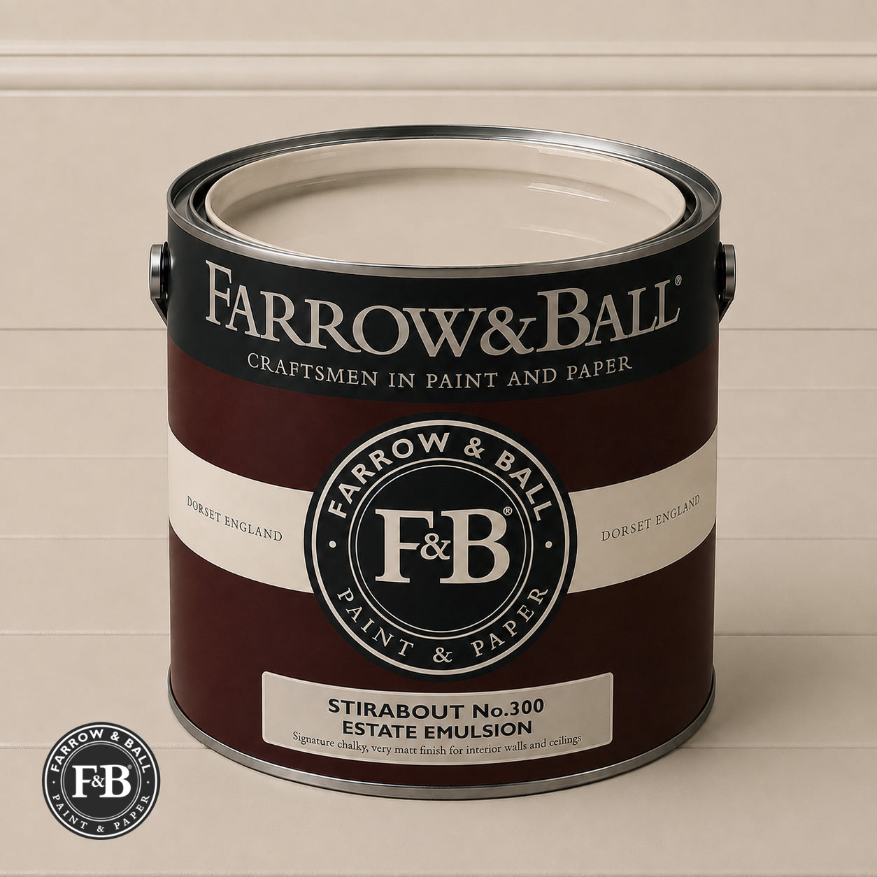 Farrow & Ball Stirabout No.300 paint colour in open paint tin
