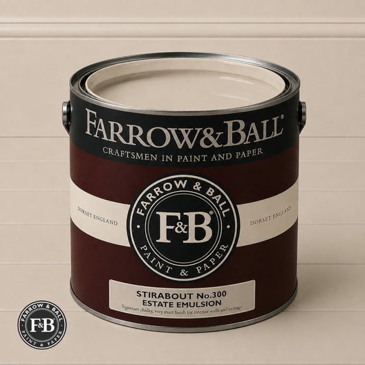 Farrow & Ball Stirabout No.300 paint colour in open paint tin