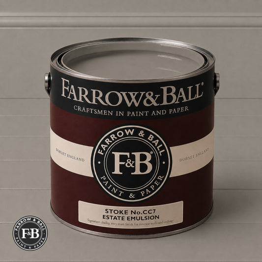 Farrow & Ball Stoke No.CC7 Estate Emulsion paint colour sample and paint tin