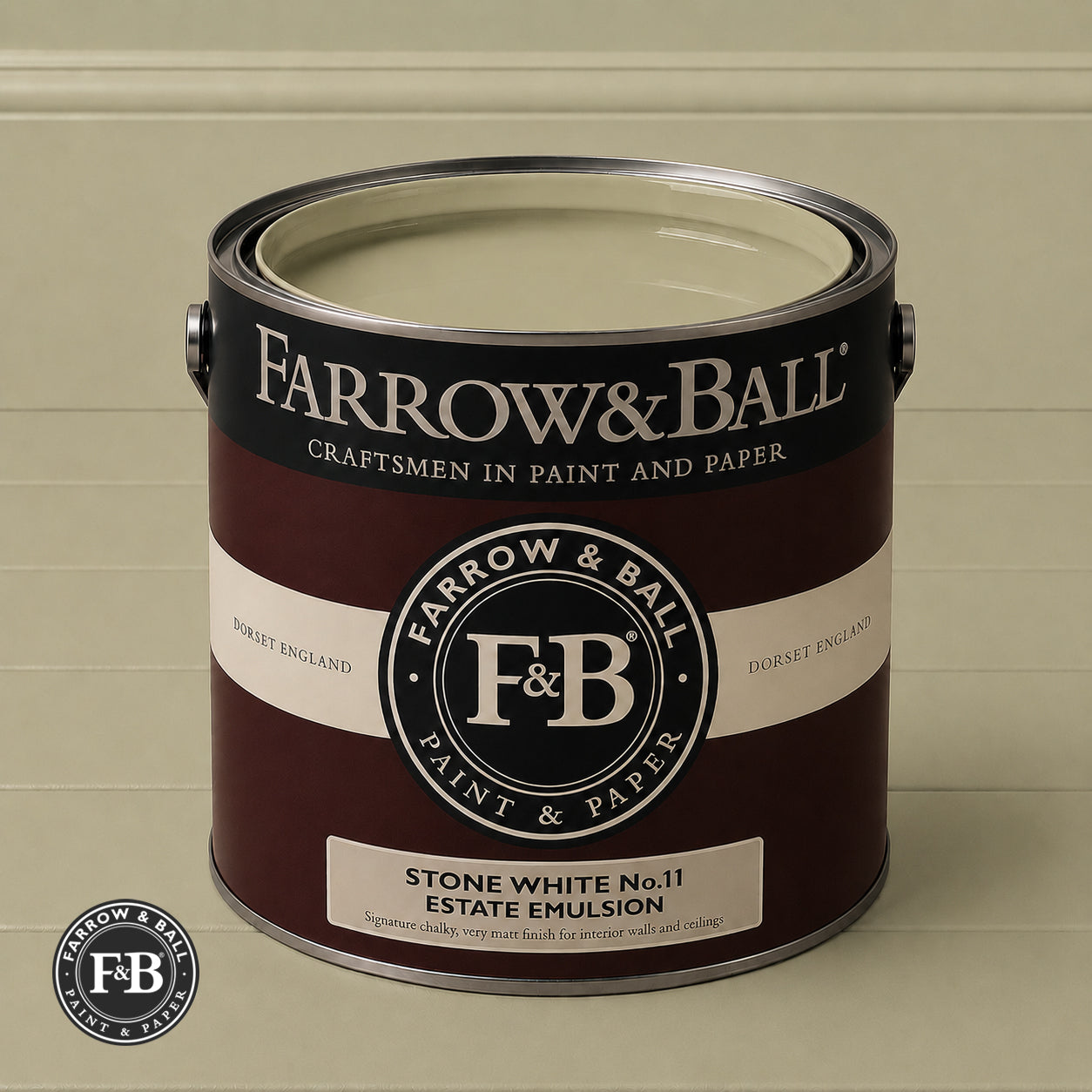 Farrow & Ball Stone White No.11 Estate Emulsion paint colour sample and paint tin
