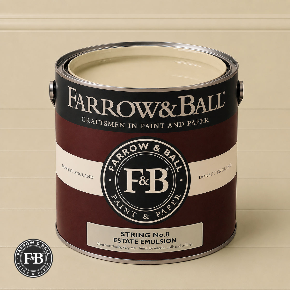Farrow & Ball String No.8 paint colour in open paint tin