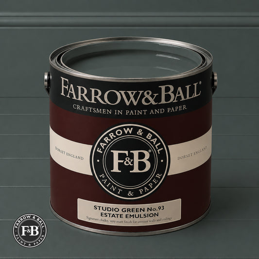 Farrow & Ball Studio Green No.93 paint colour in open paint tin
