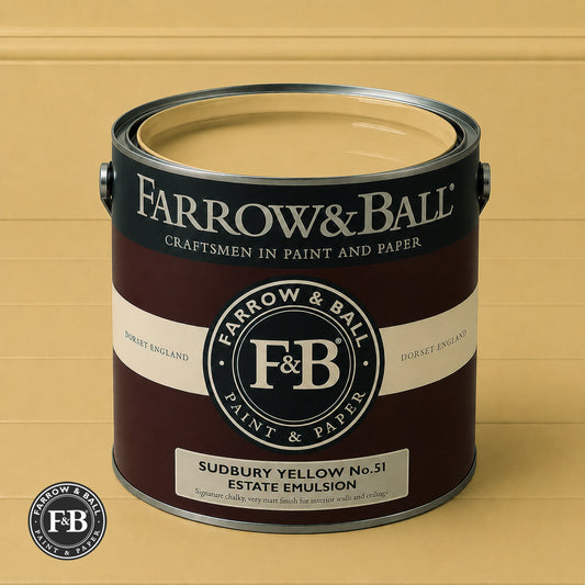 Farrow & Ball Sudbury Yellow No.51 paint colour in open paint tin