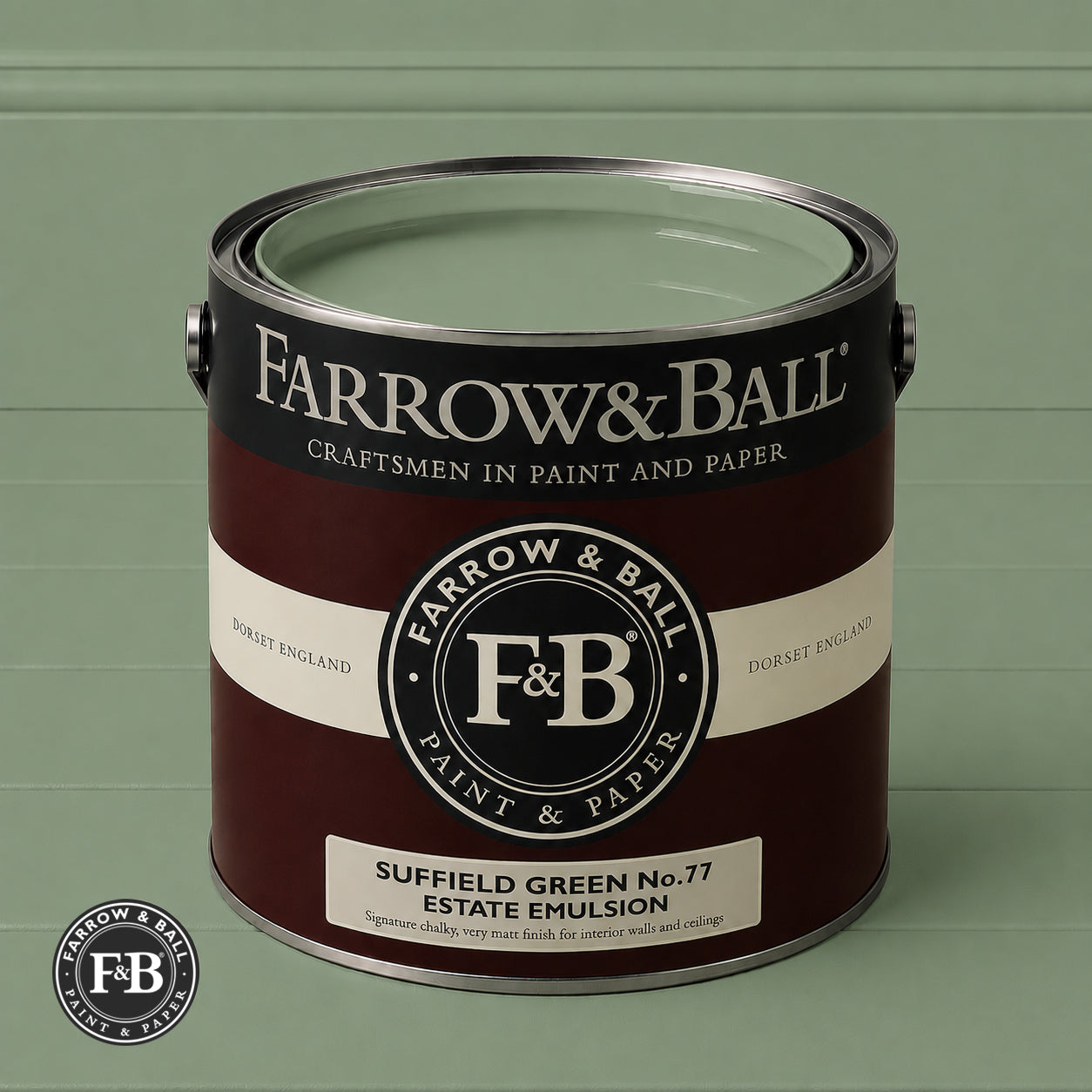 Farrow & Ball Suffield Green No.77 Estate Emulsion paint colour sample and paint tin
