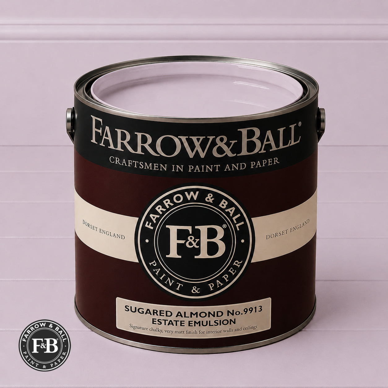 Farrow & Ball Sugared Almond No.9913 Estate Emulsion paint colour sample and paint tin
