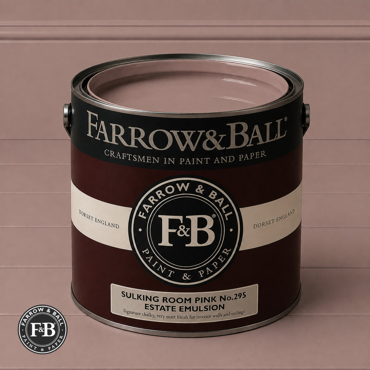 Farrow & Ball Sulking Room Pink No.295 paint colour in open paint tin