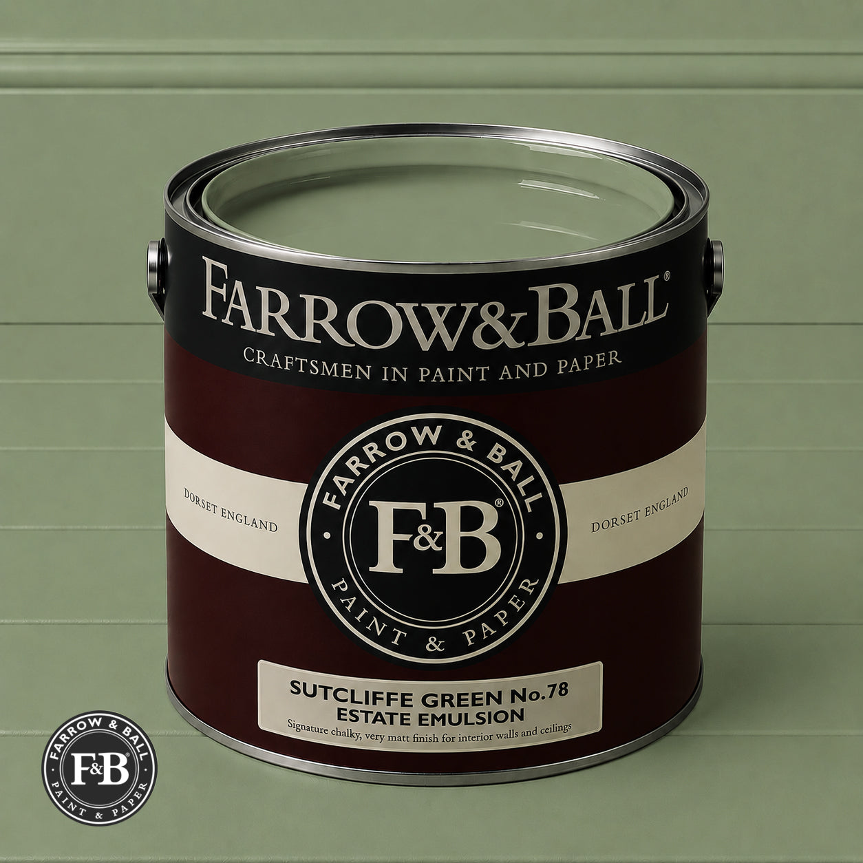 Farrow & Ball Sutcliffe Green No.78Estate Emulsion paint colour sample and paint tin
