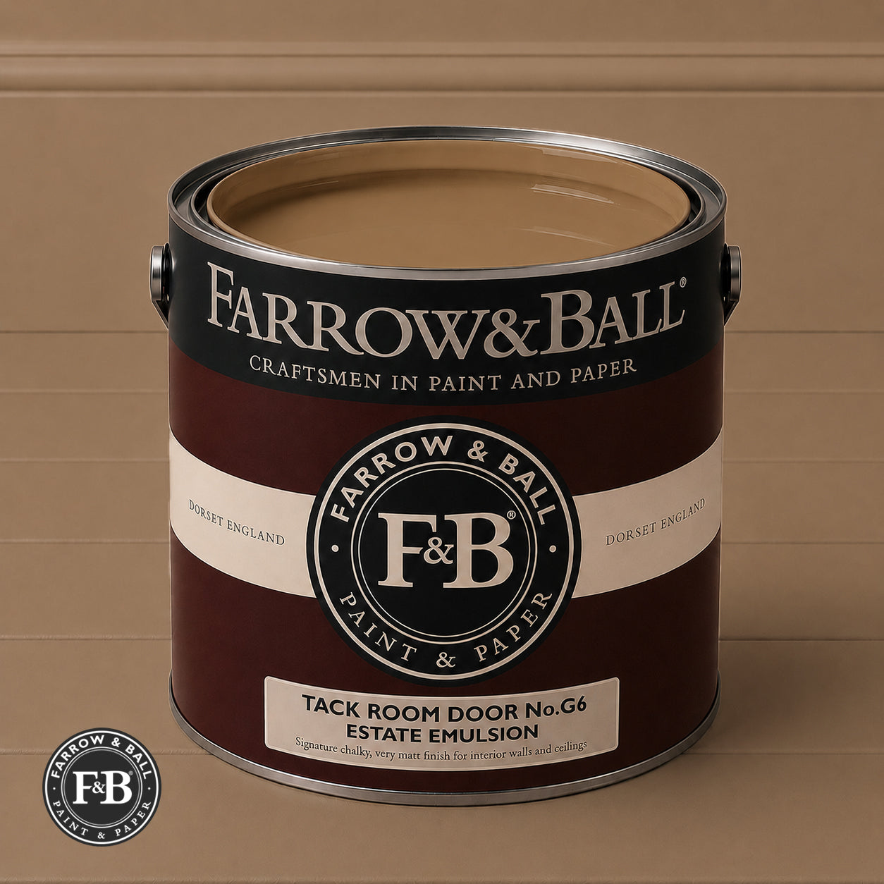 Farrow & Ball Tack Room Door No.G6 Estate Emulsion paint colour sample and paint tin
