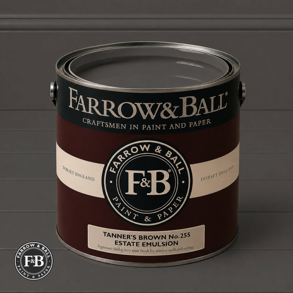 Farrow & Ball Tanner's Brown No.255 paint colour in open paint tin