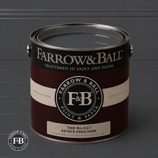 Farrow & Ball Tar No.CC1 Estate Emulsion paint colour sample and paint tin