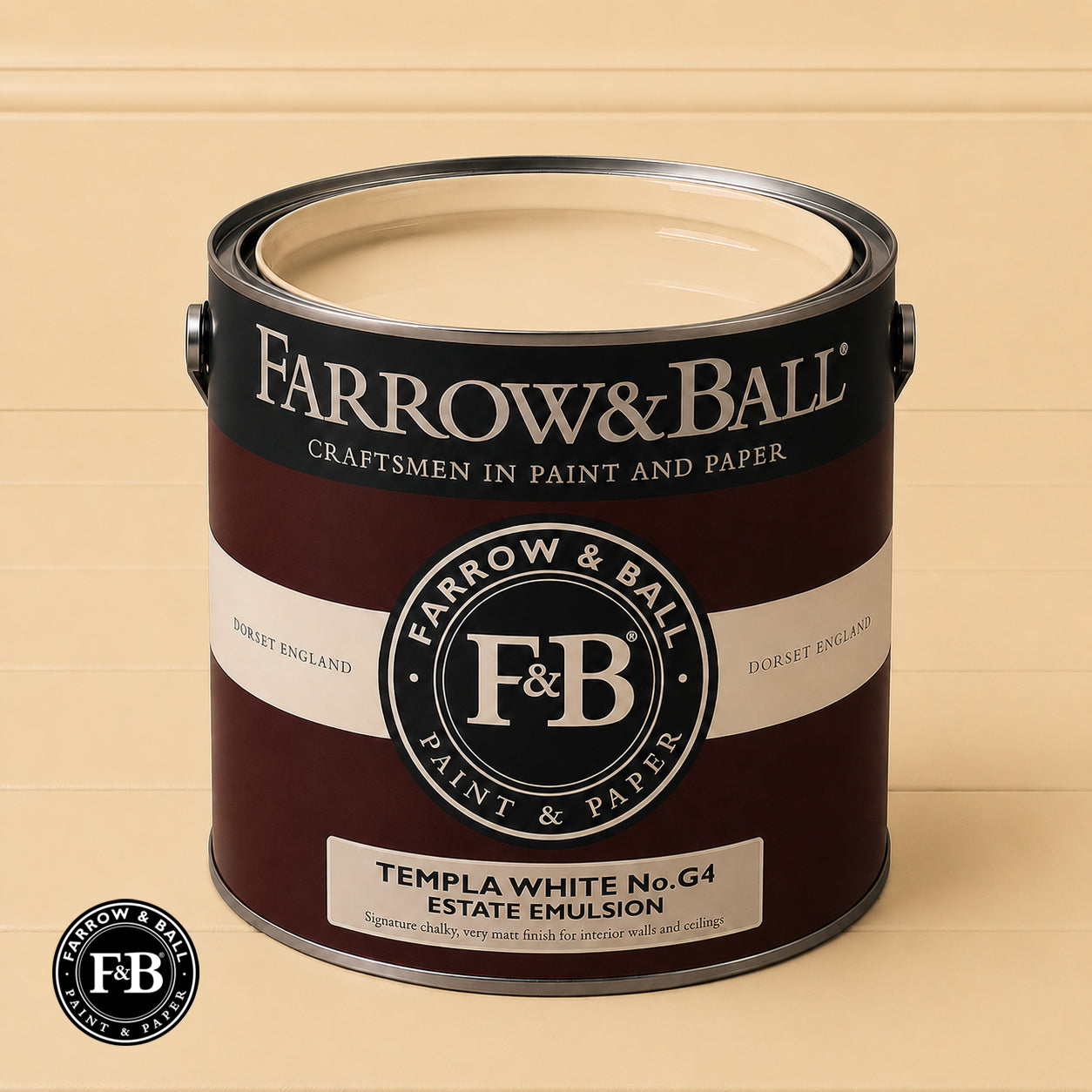 Farrow & Ball Templa White No.G4 Estate Emulsion paint colour sample and paint tin