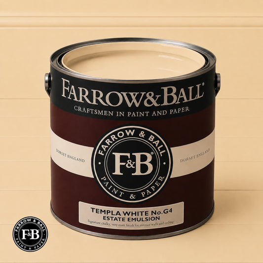 Farrow & Ball Templa White No.G4 Estate Emulsion paint colour sample and paint tin