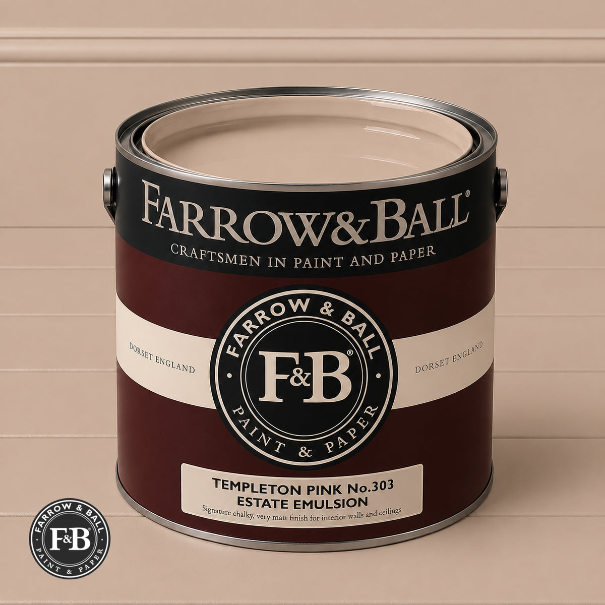 Farrow & Ball Templeton Pink No.303 paint colour in open paint tin