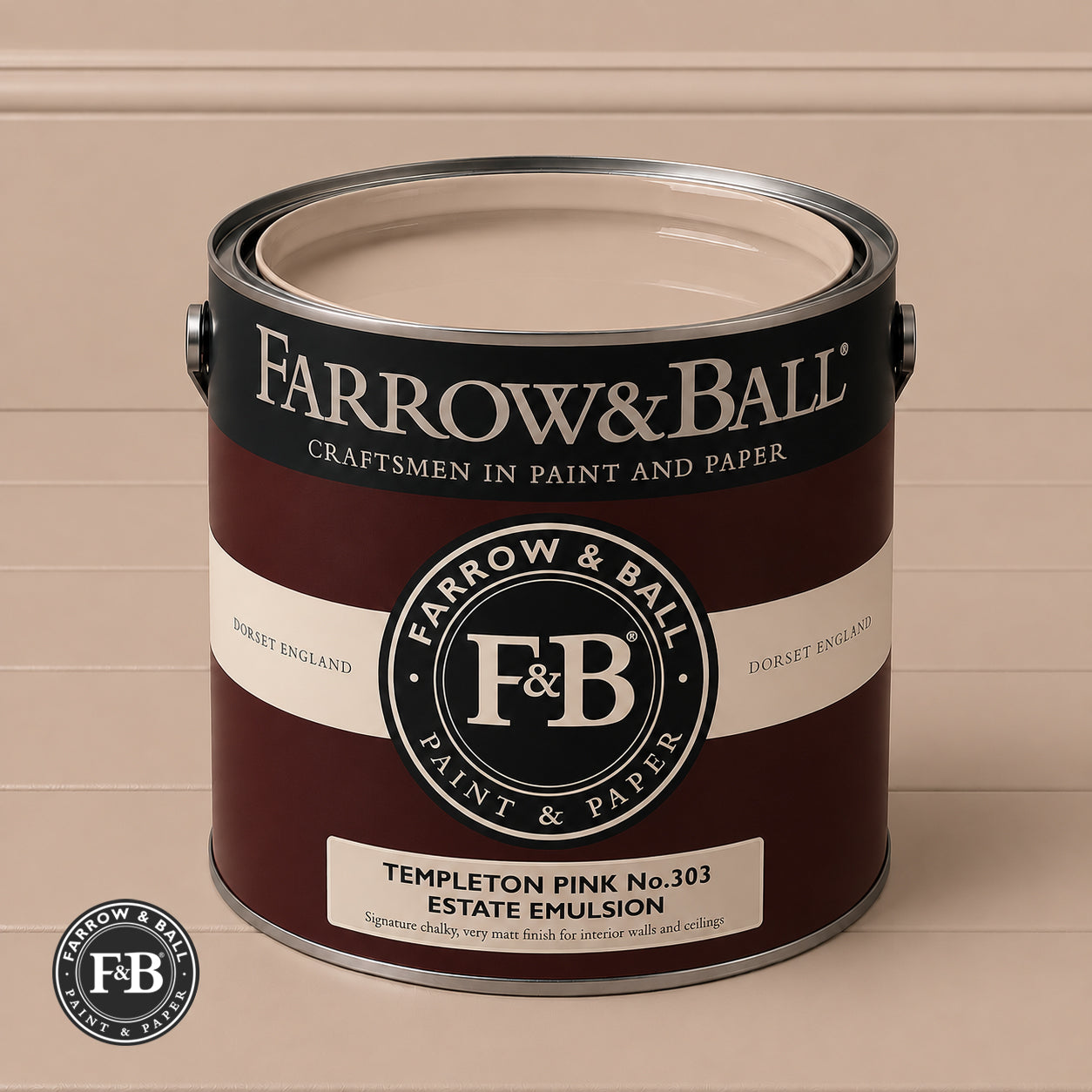 Farrow & Ball Templeton Pink No.303 paint colour in open paint tin