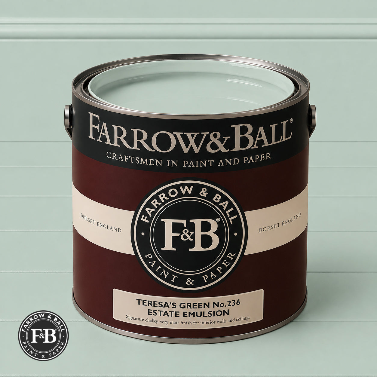 Farrow & Ball Teresa's Green No.236 paint colour in open paint tin