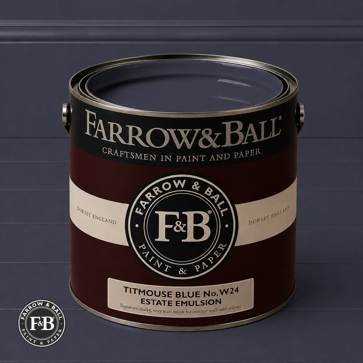 Farrow & Ball Powder Titmouse Blue No.W24 Estate Emulsion paint colour sample and paint tin
