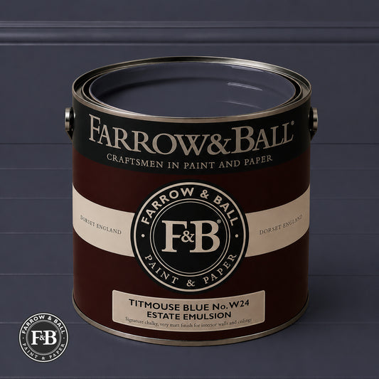 Farrow & Ball Powder Titmouse Blue No.W24 Estate Emulsion paint colour sample and paint tin
