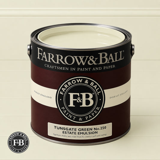 Farrow & Ball Tunsgate Green No.250 Estate Emulsion paint colour sample and paint tin
