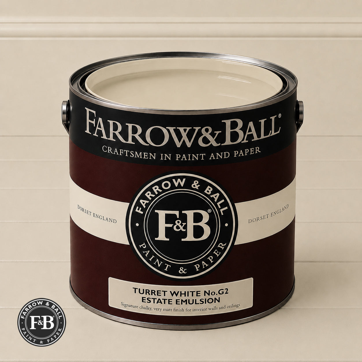 Farrow & Ball Turret White No.G2 Estate Emulsion paint colour sample and paint tin
