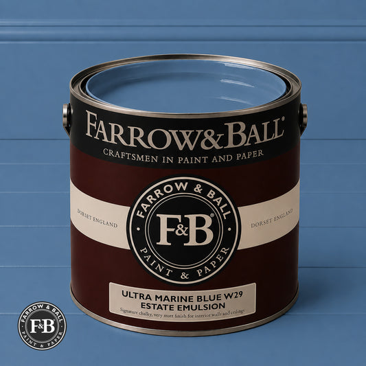 Farrow & Ball Ultra Marine Blue No.W3 Estate Emulsion paint colour sample and paint tin
