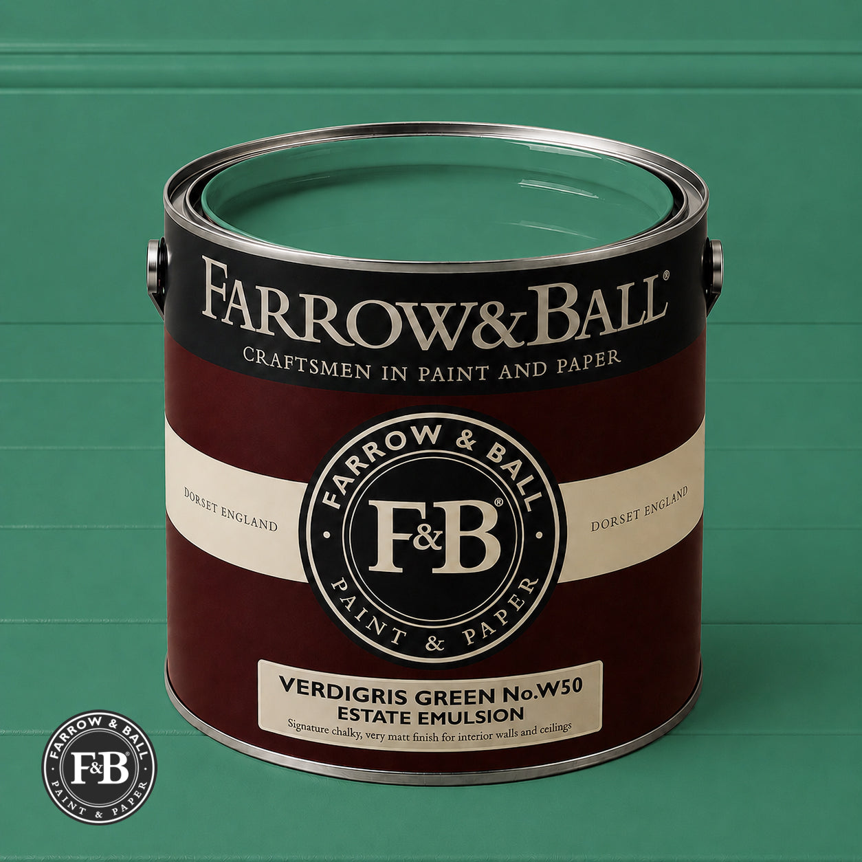 Farrow & Ball Verdigris Green No.W50 Estate Emulsion paint colour sample and paint tin