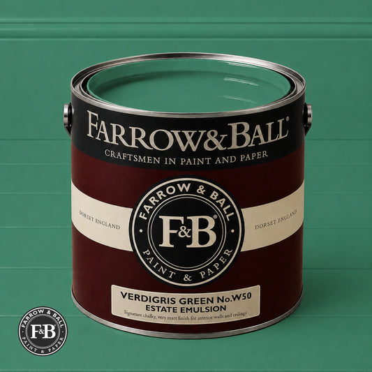Farrow & Ball Verdigris Green No.W50 Estate Emulsion paint colour sample and paint tin