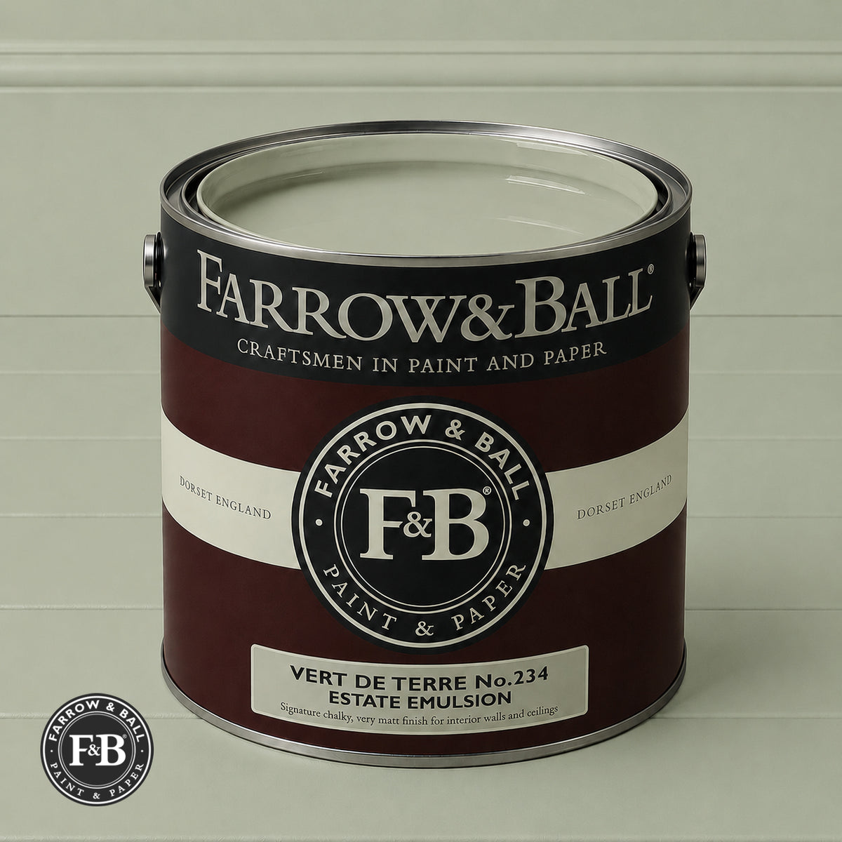 Farrow & Ball Vert de Terre No.234 paint colour in open paint tin